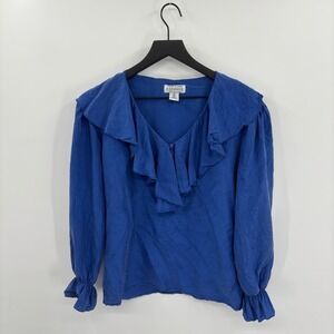 Express Vintage Silk Ruffle Collar Blouse Womens XS Blue XS Long Sleeve Pirate